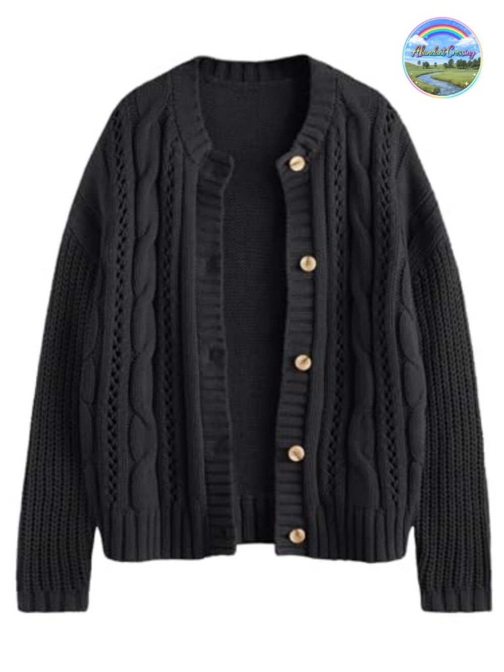 Women Cable Knit Button Up Cardigan Chunky Sweater Long Sleeve Crew Neck
